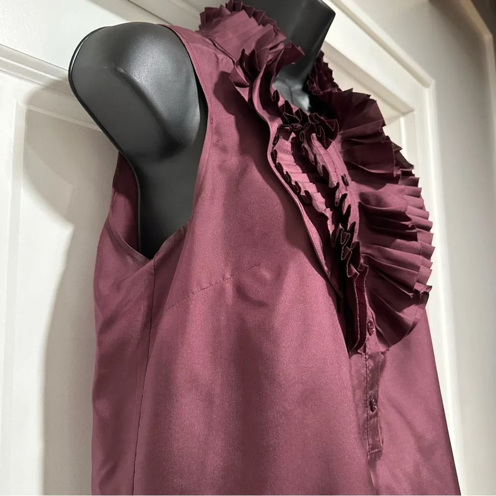 J.Crew Silk Sleeveless Ruffle Pleat Front Blouse Burgundy Wine Size 2